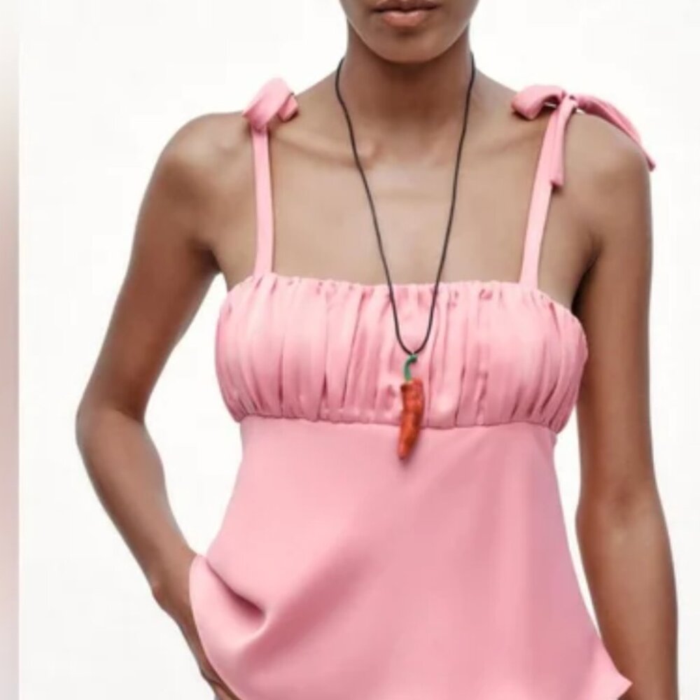 Zara Bow Trim Ruched Satin Effect Top NWT s